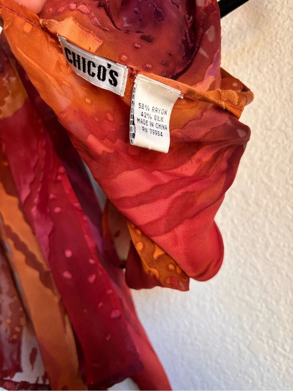 Chico's Red and Orange velvet detail Silk Print Scarf Boho Fall 🍁